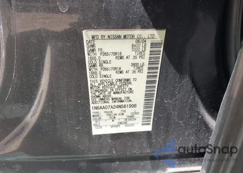 2004 Nissan Titan Le z USA, uszkodzony, nr VIN 1N6AA07A24N561998